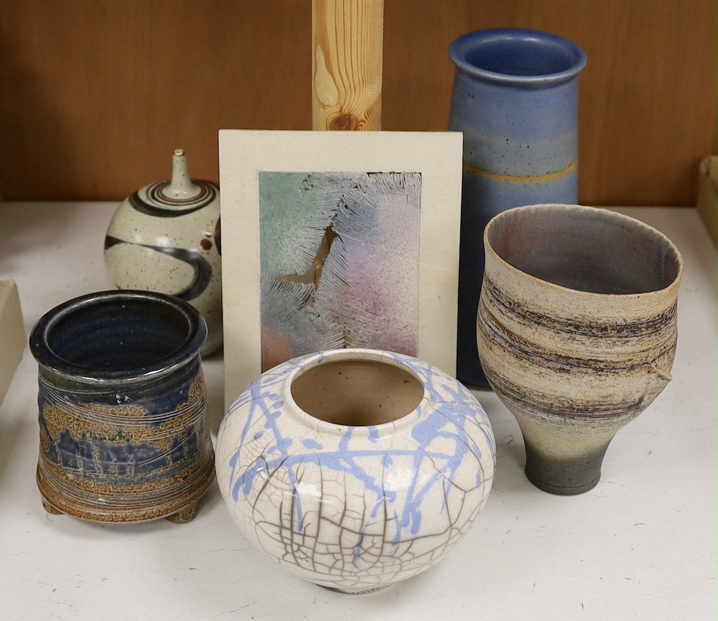 A Gordon Cooke abstract studio pottery panel, together with a Bernard Charles vase and other studio pottery, tallest 22cm
